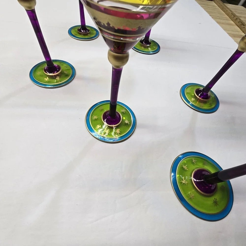 Pier 1 Festive Hand Painted Colorful Stripe Martini Glasses Set of‎ 6 EUC FIesta